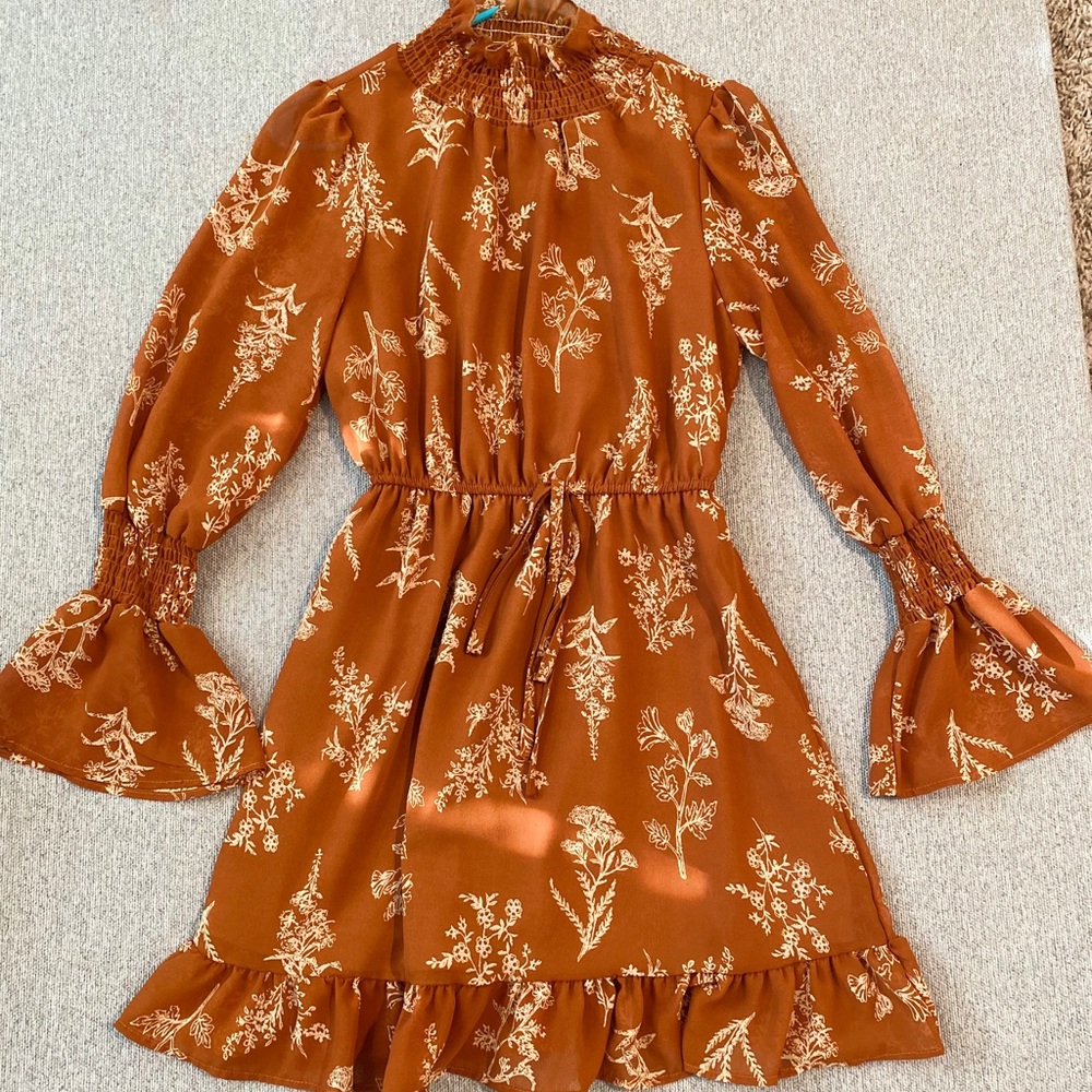 Rust/Burnt-Orange Floral High-Neck Dress